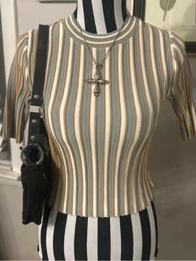 Club Monaco stripe Ribbed Short Sleeve Top - Cream, Sage & Mustard